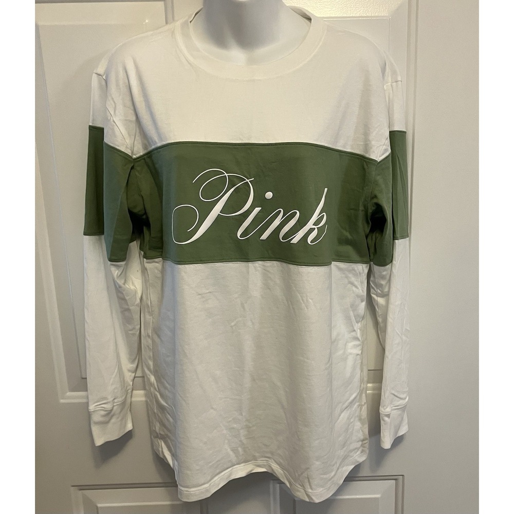 NEW Victoria's Secret PINK Women's XS White Green Shirt Logo Crew Neck Pullover